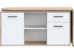 Schreibtisch Forte "Aliklia", Weiß (Sonoma Eiche, Weiß, Sonoma Eiche), B:144Cm H:74,1Cm T:50Cm, Tische, Schreibtisch, Multifunktional, Tischplatte Ausschwenkbar, Mit Rollen, Sideboard