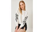 Bestickter Rundhalsausschnitt Langarm-Sweatshirt