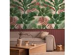 Fototapete Living Walls "Wallpanel Tapete Wandpaneele Motivtapete Dschungel Landhaus", GrüN (GrüN,Rot,Beige), B:1,59M H:0,02M L:2,8M, Vlies, Tapeten, Vliestapete BläTter FüR Schlafzimmer KüChe Wohnzimmer Wandpaneele Flur