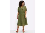 Sommerkleid Sheego "Kleid", Damen, Gr. 56, NormalgrößEn, GrüN (Oliv, Limone), 100% Baumwolle, Unifarben, Knielang, Rundhals, Kleider Sommerkleid