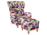 Supellex Sofia Ohrensessel Mit Hocker Design Patchwork Kariert Bunt