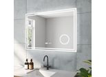 LED Spiegel mit Uhr und Kosmetikspiegel für Bad 100x70cm ESSENS Typ D | Kosmetikspiegel Digital Uhr Touch Sensor Dimmbar Spiegelheizung Kaltweiß 6400K