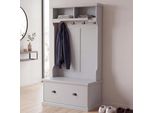 Garderobe MCW-P27, Flurgarderobe Holzgarderobe Sitzbank, 4 Haken Staufach Ablage Melamin 163X100X47Cm ~ Hellgrau