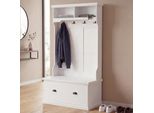 Garderobe MCW-P27, Flurgarderobe Holzgarderobe Sitzbank, 4 Haken Staufach Ablage Melamin 163X100X47Cm ~ Weiß