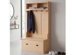 Garderobe MCW-P27, Flurgarderobe Holzgarderobe Sitzbank, 4 Haken Staufach Ablage Melamin 163X100X47Cm ~ Natur
