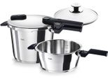 Schnellkochtopf Fissler "Vitaquickelemental Dampfkochtopf Premium Drucktopf", Silber, B:29,5Cm H:32Cm L:39,5Cm Ø:22Cm, TöPfe, Schnellkochtopf, Schnellkochtopf-Set Mit 2 Garstufen Und Superthermic Boden