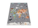 Kinderteppich Waschbar, Mit Tier‑Weltkarten‑Muster, Grau, 200 X 290 Cm