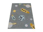 Kinderteppich Waschbar, Mit Raketen-Motiv, Grau, 140 X 200 Cm