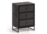 Nachttisch Massivholz Steinoptik 3 Schubladen Metallgestell, Schwarz 40X30X60 Cm