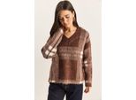 Kariertes V-Ausschnitt Langarm Strickpullover