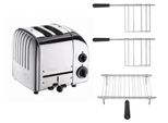Dualit Toaster Paket 3, 2er Toaster mit Brötchenaufsatz und zwei Sandwichzangen poliertes Metall