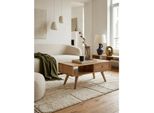 Couchtisch In Naturfarben Aus Mango Massivholz Und Rattan, 90X40X45Cm Mit Stauraum Und Schublade