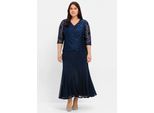 Abendkleid sheego "Abendkleid", Damen, Gr. 52, NormalgrößEn, Blau (Marine), 100% Polyester, Unifarben, Lang, V-Ausschnitt, Kleider Abendkleid