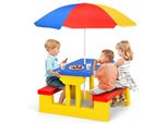 Kinder Sitzgruppe mit Sonnenschirm, Kindermöbel mit 1 Tisch & 2 Bänke, Kindersitzgruppe aus PP, Picknick Set für Park Garten Camping, Blau+Rot+Gelb