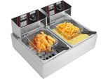 Friteuse Edelstahl 12L, 2.5KW+2.5KW Doppelfriteuse mit 4 Tubi Flessibili, Friteuse Öl mit Fettablaufhahn und Zeitschaltuhr, Elektrofritteuse für Restaurant, Heimküche, Snackbar