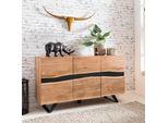 Massivholz Sideboard 150Cm Akazie Natur Kommode Mit 3 TüRen Baumkante Metall Schwarz