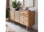Massivholz Sideboard 140Cm Mango Design Kommode Mit 3 Rattan Schubladen Wiener Geflecht & 2 TüRen