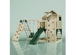 OutdoorToys Outdoor Spielturm mit Wellenrutsche, Spielhaus aus Holz mit Kletterwand, Kletternetz, Ausführung: Babyschaukel, Farbe: Smaragdgrün Babyschaukel