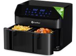 Scheffler Doppel-Heißluftfritteuse 9L(2x4.5L), XXL Airfryer, 8 Programme, Heißluft Fritteuse ohne Fett Öl Dual Luftfritteuse Air Friteuse Schwarz
