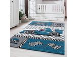 Kinderteppich Tasna, Mit Rennwagen-Motiv, Blau, 80 X 150 Cm