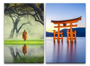 Sinus Art Leinwandbild 2 Bilder je 60x90cm Itsukushima-Schrein Mönch Buddhismus Harmonie roter Schrein Meditation Thailand