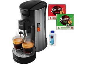 Philips Senseo Kaffeepadmaschine Select CSA250/10, aus 21% recyceltem Plastik, +3 Kaffeespezialitäten, Memo-Funktion, inkl. Gratis-Zugaben im Wert von € 14,- UVP, silberfarben