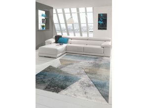 Teppich Moderner Teppich Wohnzimmer abstraktes Muster gestreift mehrfarbig grau blau gold