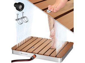 KESSER® Gartendusche Bodendusche Außendusche Saunadusche Campingdusche 70x55 cm Rechteck Fontänenhöhe bis 4 m einstellbar Mit Fußrad, Aluminium/WPC, rutschfeste Standfläche Wetterfest, Holzoptik