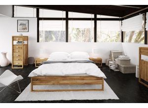 Natur24 Einzelbett Bett Lamini 3 Sonderlänge 90x220 Wildeiche ohne Kopfteil mit Holzkufen