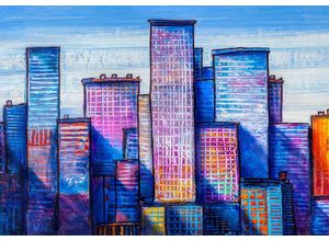 wandmotiv24 Fototapete Gemälde blaue Hochhäuser Stadt