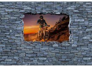 wandmotiv24 Fototapete 3D Extreme Biker- grobe Steinmauer