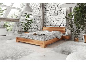 Natur24 Einzelbett Bett Bento 3 Sonderlänge 160x220 Kernbuche Holzkopfteil und Holzbeine