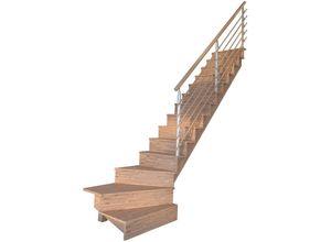 Starwood Systemtreppe Massivholz Lindos, Design-Geländer Holzrundstäbe, für Geschosshöhen bis 300 cm, Stufen geschlossen, gewendelt Rechts, Durchgehende Wangenteile, beige