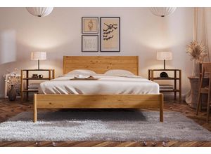 Natur24 Bett Bett Zola 1 Wildeiche massiv 180x210 mit Holzkopfteil und Holzbeinen