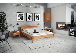 Natur24 Einzelbett Bett Haris Kernbuche massiv 140x200cm mit Holzkopfteil und Holzbeinen