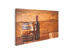 islandburner Leinwandbild Bild auf Leinwand Rotwein in einem Glas mit einer Flasche und einem Fa
