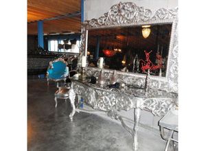 Casa Padrino Barockspiegel Riesige Barock Spiegelkonsole Silber mit schwarzer Marmorplatte