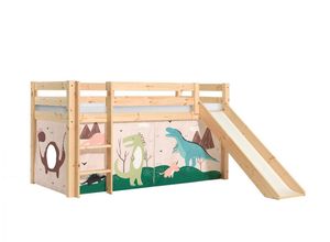 Natur24 Kinderbett Halbhohes Bett Pino mit Rutsche und Textilset Dino Kiefer Natur