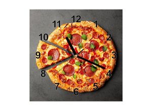 Primedeco Wanduhr Glasuhr Wanduhr Wandkunst Größe 30 x 30 cm mit Motiv Pizzaschnitte