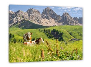 Pixxprint Leinwandbild Alpenszene mit Kühen auf grüner Wiese