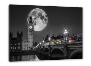 Pixxprint Leinwandbild Big Ben mit Mond London