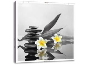 Pixxprint Leinwandbild Monoi Blüten Zen Steinturm