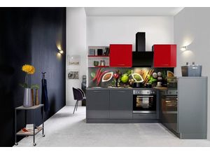 Express Küchen Winkelküche Jena, vormontiert, mit Soft-Close-Funktion, Stellbreite 245 x 175 cm, grau|rot