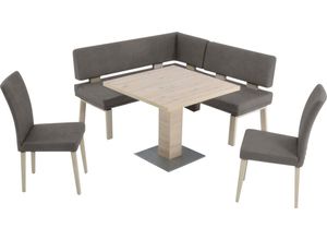 K+W Komfort & Wohnen Eckbankgruppe Santos I, gleichschenklig 157cm, zwei 4-Fußholzstühle und Tisch 90x90cm, Eiche, grau