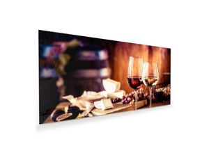 Primedeco Glasbild Wandbild Käseplatte und Wein mit Aufhängung