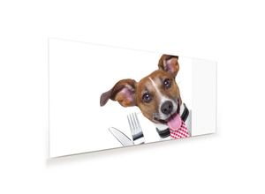 Primedeco Glasbild Wandbild Hund mit Besteck in Pfote mit Aufhängung