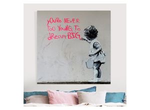 Bilderdepot24 Leinwandbild Kunstdruck Dream Big Brandalised ft. Graffiti Banksy Bild grau pink