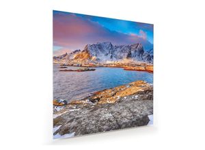 Primedeco Glasbild Wandbild Quadratisch Sonnenaufgang Lofoten Norwegen mit Aufhängung