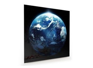 Primedeco Glasbild Wandbild Quadratisch Planet Erde im Sonnenaufgang mit Aufhängung