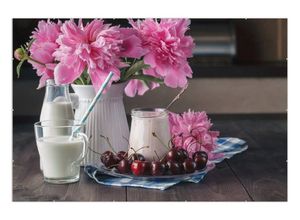 Wallario Poster, Milch mit Kirschen zum Frühstück mit rosa Blumenarrangement
